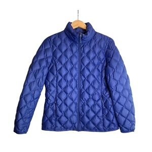 Heat Quilted Puffer Down Feather Zip‎ Up Pockets Blue M